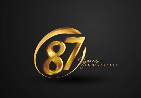 87 Years Anniversary Celebration. Anniversary logo with ring and elegance golden color isolated on black background, vector design for celebration, invitation card, and greeting cardのイラスト素材