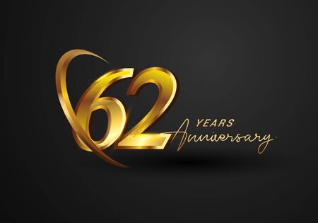 62 Years Anniversary Celebration. Anniversary logo with ring and elegance golden color isolated on black background, vector design for celebration, invitation card, and greeting cardのイラスト素材