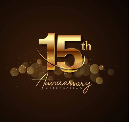 15th golden anniversary icon with swoosh and sparkle golden colored isolated on elegant background, vector design for greeting card and invitation cardのイラスト素材