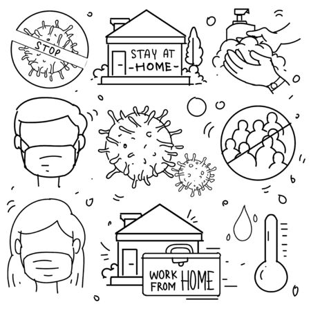 Doodle of Coronavirus Protection. Contains such doodle as Protective Measures, Coronavirus, social distancing, Incubation Period, stay home, work from home.のイラスト素材