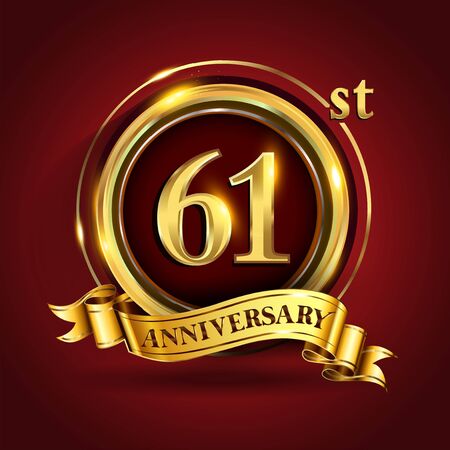 Celebrating 61st golden anniversary, Design Logo of Anniversary celebration with gold ring and golden ribbon.のイラスト素材