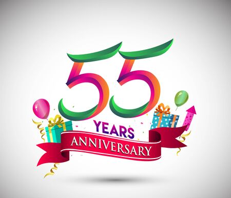 55th Anniversary Celebration Design, with gift box and balloons, Red ribbon, Colorful Vector template elements for birthday celebration party.のイラスト素材