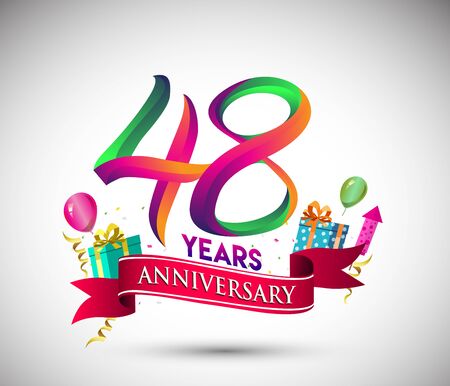 48th Anniversary Celebration Design, with gift box and balloons, Red ribbon, Colorful Vector template elements for birthday celebration party.のイラスト素材