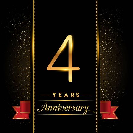 4th anniversary logo with confetti golden colored and red ribbon isolated on black background, vector design for greeting card and invitation card.のイラスト素材