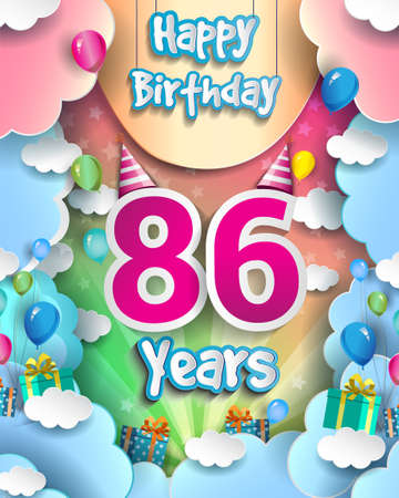 86th Years Birthday Design for greeting cards and poster, with clouds and gift box, balloons. design template for anniversary celebration.のイラスト素材