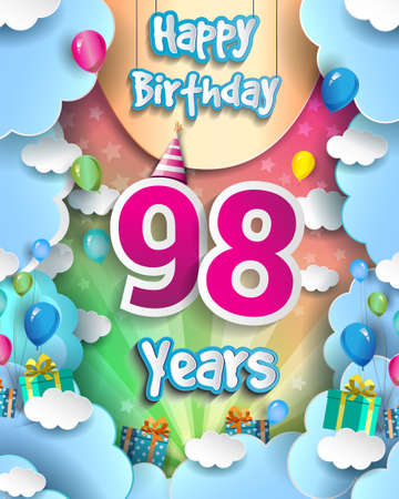 98th Years Birthday Design for greeting cards and poster, with clouds and gift box, balloons. design template for anniversary celebration.のイラスト素材