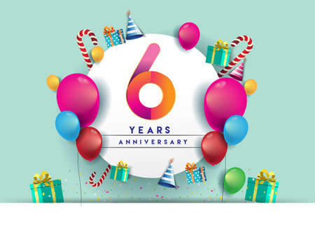 6th years Anniversary Celebration Design with balloons and gift box, Colorful design elements for banner and invitation card.のイラスト素材