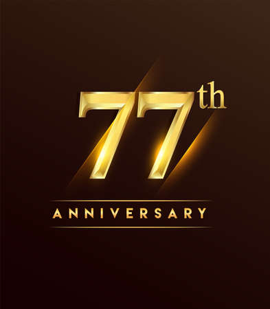 77th anniversary glowing logotype with confetti golden colored isolated on dark background, vector...