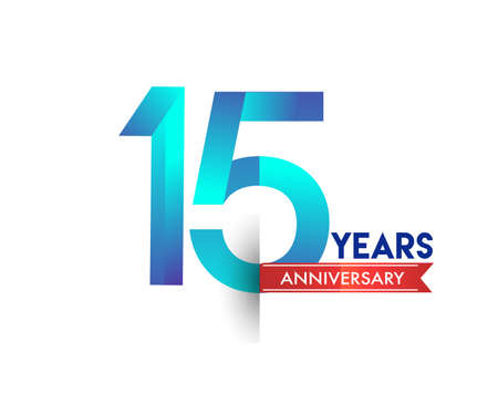 15th Anniversary celebration logotype blue colored with red ribbon, isolated on white background.のイラスト素材