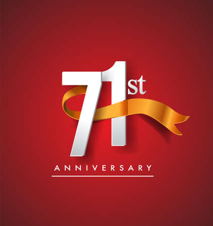 71st anniversary logotype with golden ribbon isolated on red elegance background, vector design for birthday celebration, greeting card and invitation card.のイラスト素材