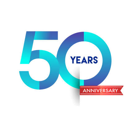 50th Anniversary celebration logotype blue colored with red ribbon, isolated on white background.のイラスト素材