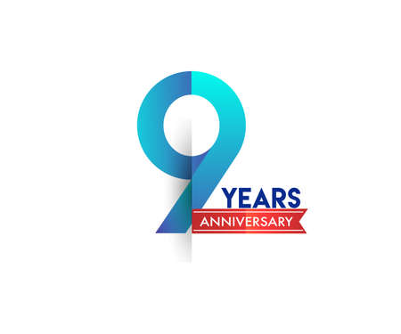 9th Anniversary celebration logotype blue colored with red ribbon, isolated on white background.