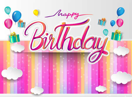 Happy Birthday typography vector design for greeting cards and poster with balloon, confetti and gift box, design template for birthday celebration.のイラスト素材