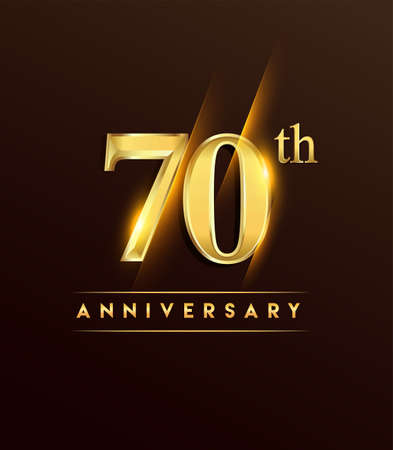 70th anniversary glowing logotype with confetti golden colored isolated on dark background, vector...