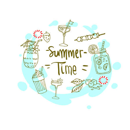 Summer background, logo, hand drawn and design elements for summer holiday, Vector illustration for poster and invitation.のイラスト素材