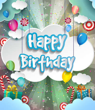 Happy Birthday typography vector design for greeting cards and poster with balloon, confetti and gift box, design template for birthday celebration.のイラスト素材