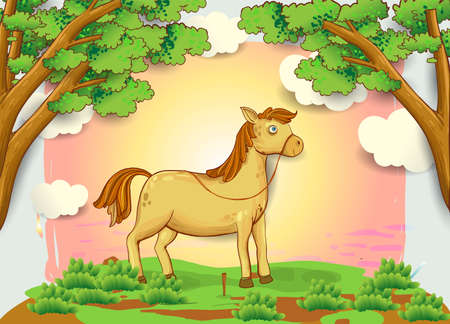 cartoon horse illustration in the meadow, sky and clouds, cover design, wallpaper, children book, vector cartoon illustrationのイラスト素材