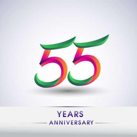 55th anniversary celebration logotype green and red colored. ten years birthday logo on white...