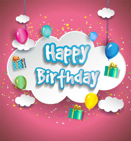 Happy Birthday vector design for greeting cards with balloon and clouds, vector illustration for birthday celebrationのイラスト素材
