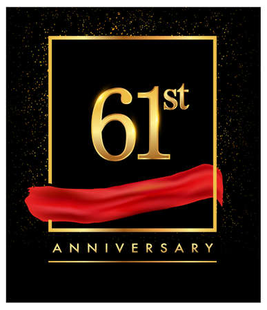 61st anniversary logo with red ribbon and confetti golden colored isolated on elegant background, vector design for greeting card and invitation cardのイラスト素材