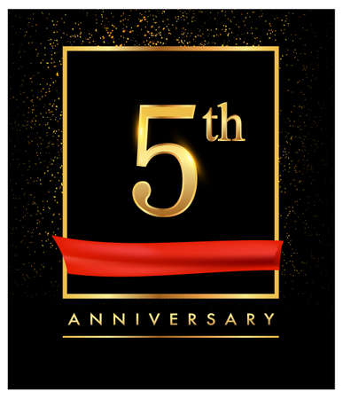 5th anniversary logo with red ribbon and confetti golden colored isolated on elegant background, vector design for greeting card and invitation cardのイラスト素材