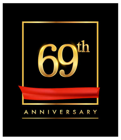 69th anniversary logo with red ribbon and confetti golden colored isolated on elegant background, vector design for greeting card and invitation cardのイラスト素材