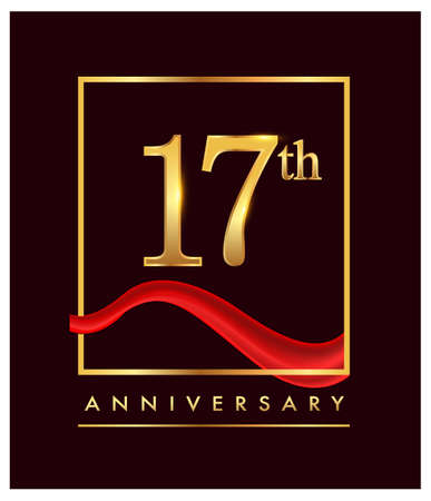 17th anniversary logo with red ribbon and confetti golden colored isolated on elegant background, vector design for greeting card and invitation cardのイラスト素材