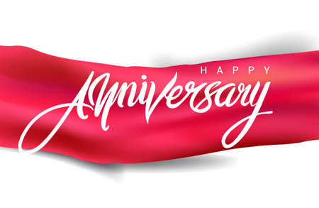 Happy Anniversary lettering text banner. Handmade calligraphy vector illustration isolated with red ribbon background.のイラスト素材