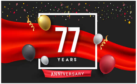 77th years Anniversary celebration logo, isolated on red ribbon and balloon, vector elements for...