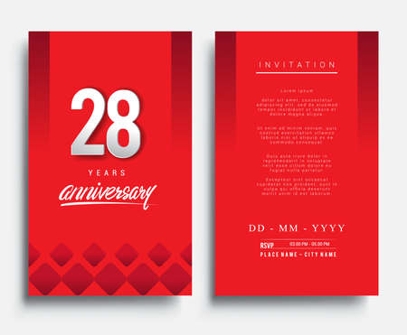 28th Years Anniversary Invitation/Greeting Card with Flat Design and Elegant, Isolated on Red Background. Vector illustration.のイラスト素材