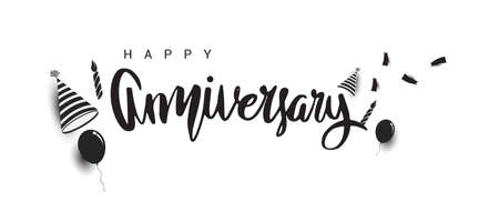 Happy Anniversary lettering text banner, black color. Vector illustration.のイラスト素材