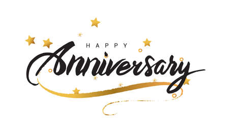 Happy Anniversary lettering text banner, greeting card scratched calligraphy black text word gold stars. Hand drawn invitation. Handwritten modern brush lettering white background.のイラスト素材