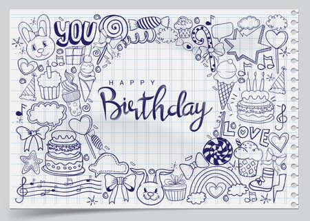 Happy Birthday background. Hand-drawn Birthday sets, party blowouts, party hats, gift boxes and bows, garlands and balloons and firework, candles on birthday pie.のイラスト素材