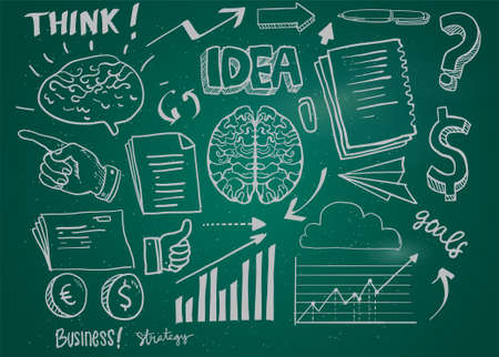 Hand drawn business icon and a lot of info graphics design elements and mock up. Ideal for Teamwork ideas, brainstorming sessions and generic business plan presentations.のイラスト素材