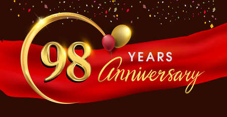 98th anniversary logotype with golden ring isolated on red ribbon elegant background, vector design...