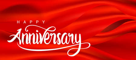 Happy Anniversary lettering text banner. Handmade calligraphy vector illustration isolated with red ribbon background.のイラスト素材