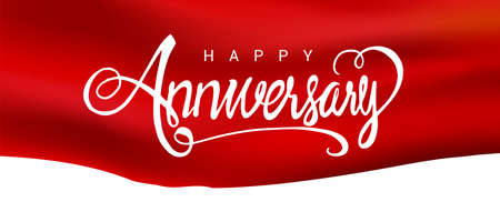 Happy Anniversary lettering text banner. Handmade calligraphy vector illustration isolated with red ribbon background.のイラスト素材