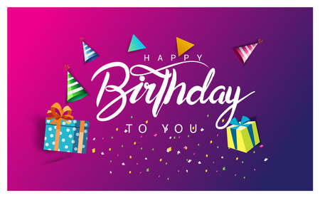 Happy Birthday typography vector design for greeting cards and poster with balloon, confetti and gift box, design template for birthday celebration.のイラスト素材