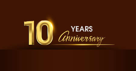 10th years anniversary celebration logotype. anniversary logo with golden color and gold confetti isolated on dark background, vector design for celebration, invitation card, and greeting cardのイラスト素材