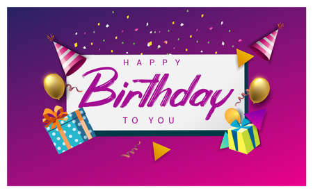 Happy Birthday typography vector design for greeting cards and poster with balloon, confetti and gift box, design template for birthday celebration.のイラスト素材
