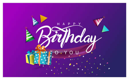 Happy Birthday typography vector design for greeting cards and poster with balloon, confetti and gift box, design template for birthday celebration.のイラスト素材