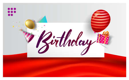Happy Birthday typography vector design for greeting cards and poster with balloon, confetti and gift box, design template for birthday celebration.のイラスト素材