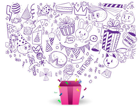 Happy Birthday background. Hand-drawn Birthday sets, party blowouts, party hats, gift boxes and bows, garlands and balloons and firework, candles on birthday pie.のイラスト素材