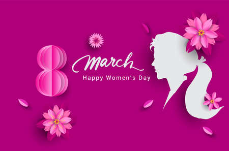 8 March. pink Floral Greeting card. International Happy Women's Day. Paper cut flower pink holiday background with space for text. Trendy Design Template. Vector illustrationのイラスト素材