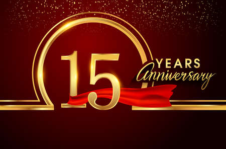 15th anniversary logo with confetti and golden ring, red ribbon isolated on red background, vector design for greeting card and invitation card.のイラスト素材