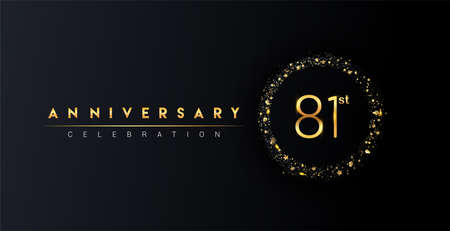 81st anniversary logo with confetti and golden glitter ring isolated on black background, vector design for greeting card and invitation card.のイラスト素材