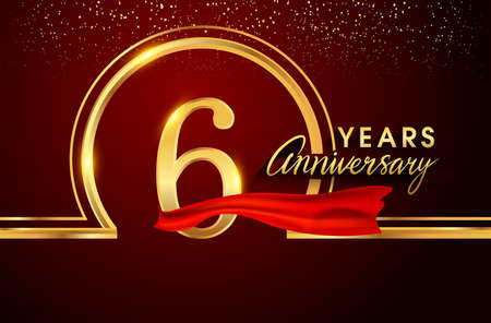6th anniversary logo with confetti and golden ring, red ribbon isolated on red background, vector design for greeting card and invitation card.のイラスト素材
