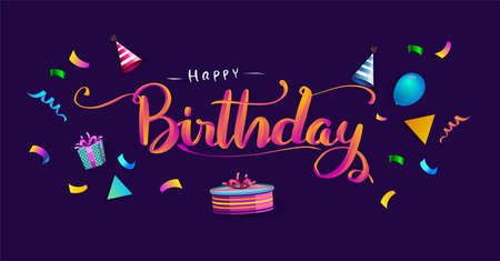 Happy Birthday typography vector design for greeting cards and poster with balloon, confetti and gift box, design template for birthday celebration.のイラスト素材
