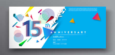 15th years anniversary logo, vector design birthday celebration with colorful geometric isolated on white background.のイラスト素材