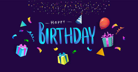 Happy Birthday typography vector design for greeting cards and poster with balloon, confetti and gift box, design template for birthday celebration.のイラスト素材